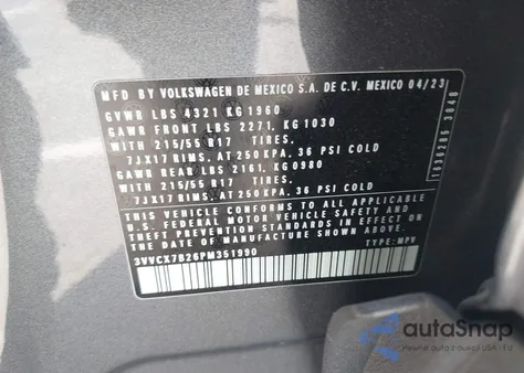 2023 Volkswagen Taos 1.5T S z USA, uszkodzony, nr VIN 3VVCX7B26PM351990